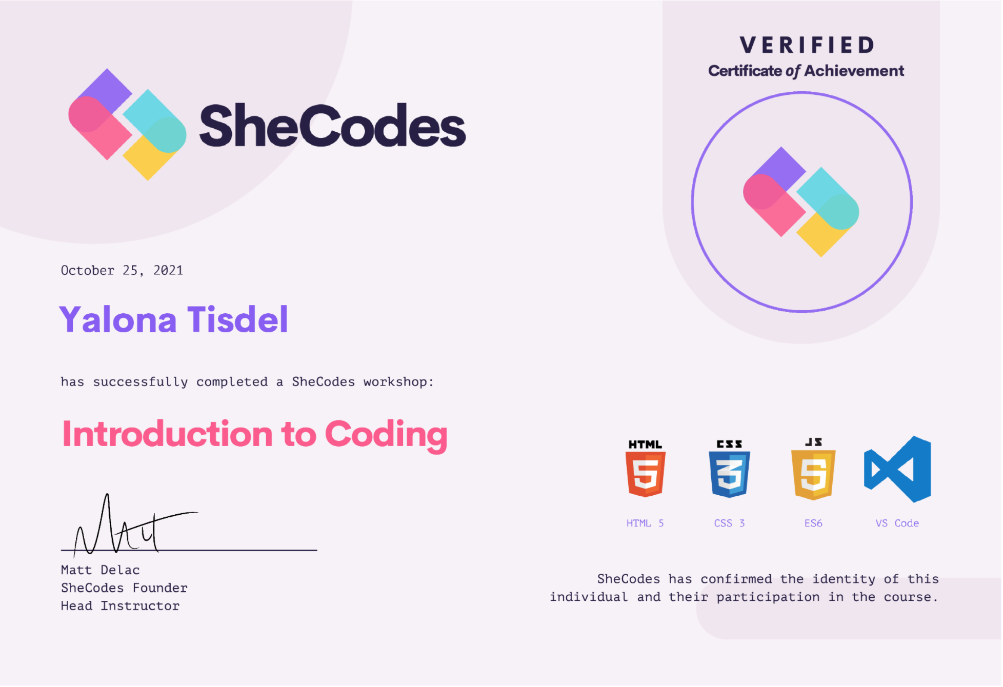 SheCodes Basics Certificate