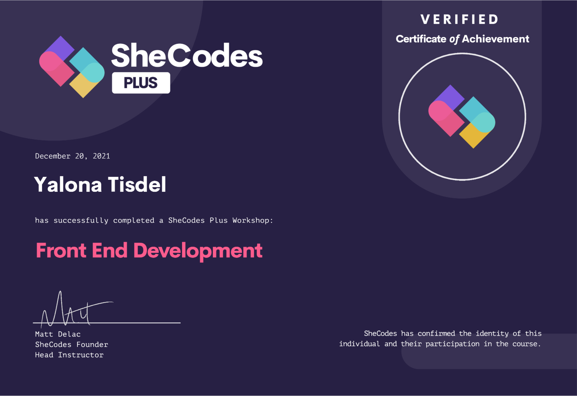 SheCodes Plus Certificate